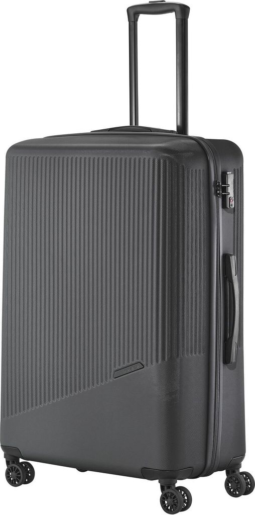 A dark gray, ribbed suitcase with a telescopic handle and four wheels, presented against a white background.