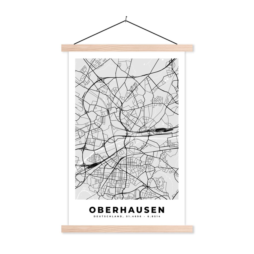 MuchoWow Textilposter Deutschland - Karte - Oberhausen - Stadtplan 60x90 cm mit holzfarbenen Rahmen - Textil