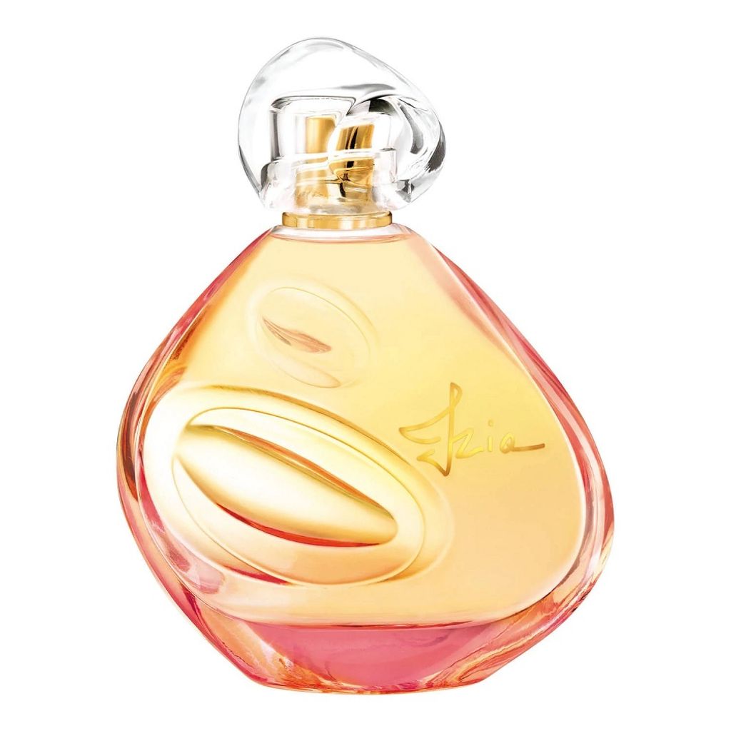 A perfume bottle with a gradient of yellow to pink liquid and a clear cap, set against a white background.
