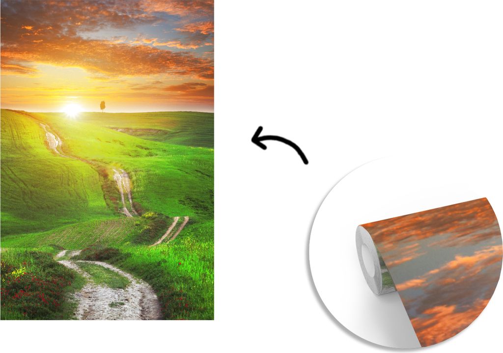 MuchoWow Fototapete für Wohnzimmer oder Schlafzimmer Wandtapete Vinyl Motivtapete Toskana - Sonne - Hügel - 150x220 cm - Wandbilder