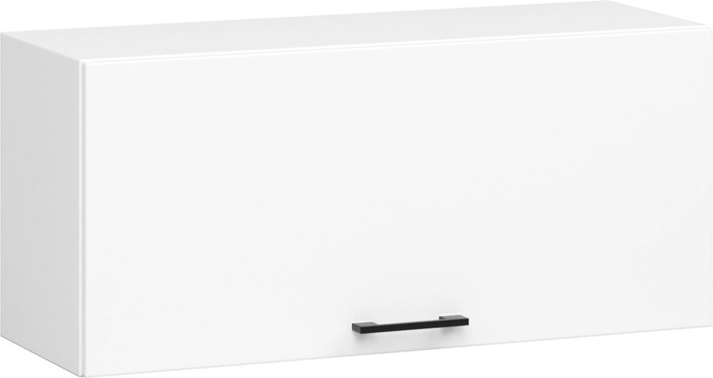 A white kitchen wall cabinet with a black handle.
