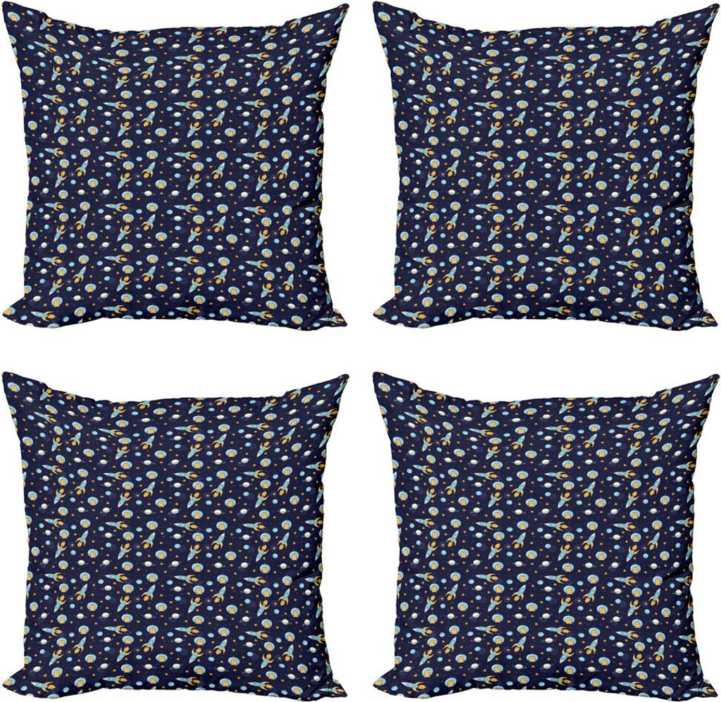 ABAKUHAUS Platz Kissenbezug Set (4 Stück), Katzen-Flug zu Weltraum, Moderner Doppelseitiger Digitaldruck, 40 cm x 40 cm, Blassblau Senf Indigo