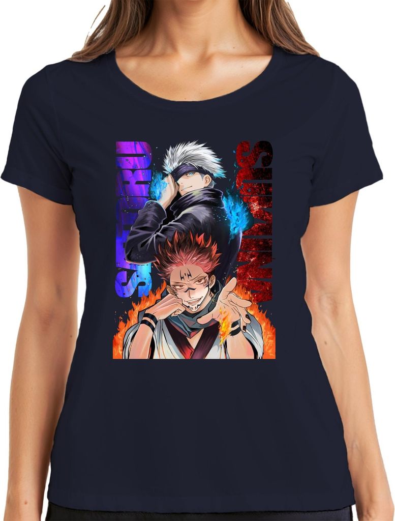 Jujutsu Kaisen Gojo Satoru Sukuna Flammen Augenbinde Geschenk Damen T-Shirt, Navy, S