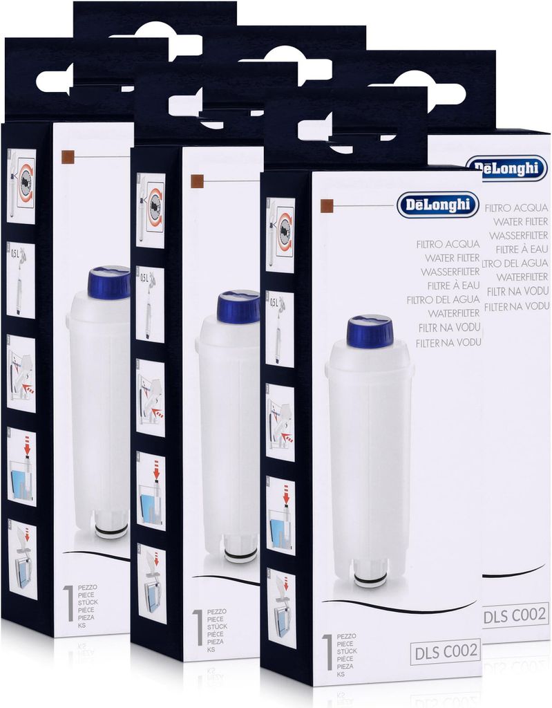 A product shot of multiple boxes of DeLonghi water filters stacked together.