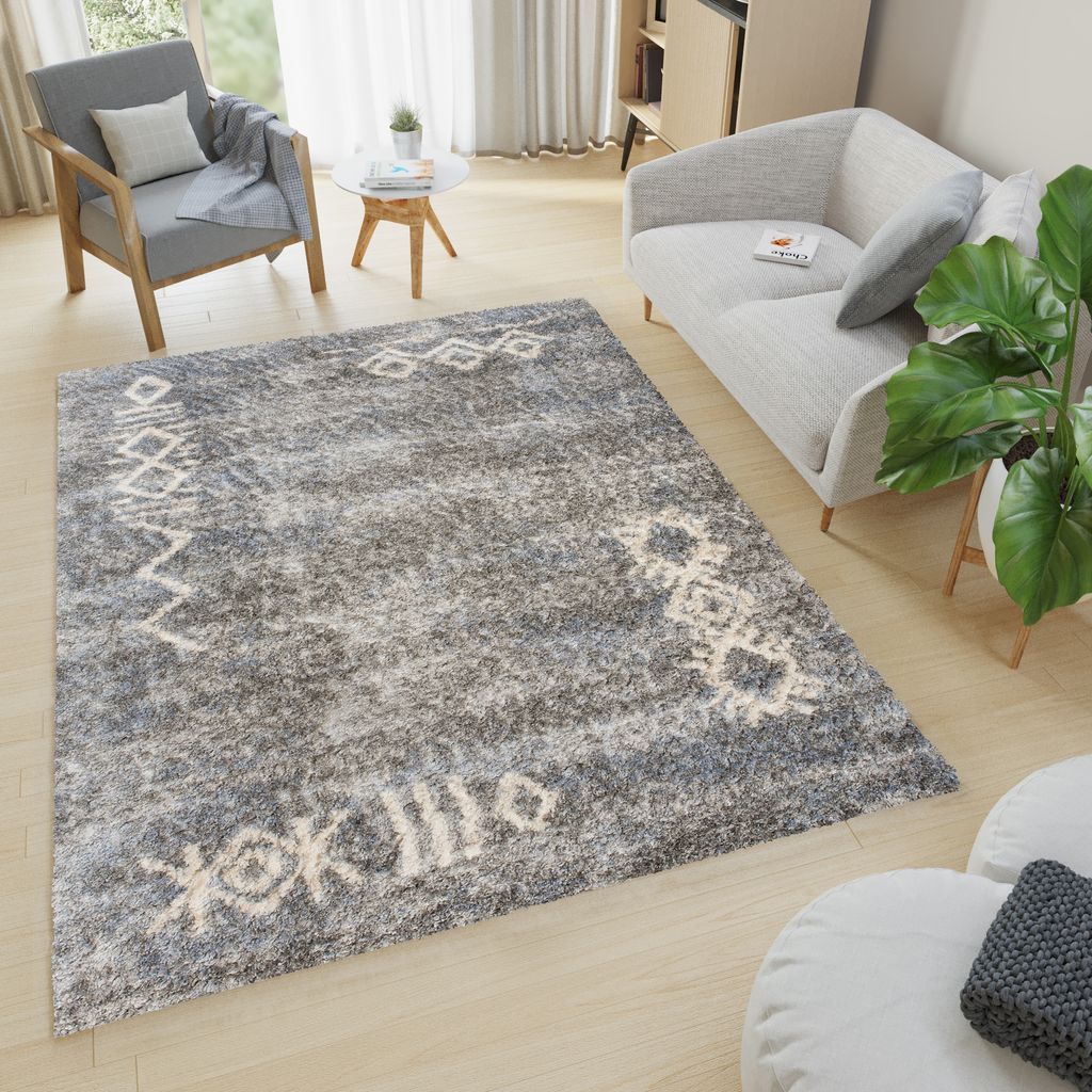 Teppich Wohnzimmer Schlafzimmer Modern Design Shaggy Hochflor Langflor Grau 80 x 150 cm