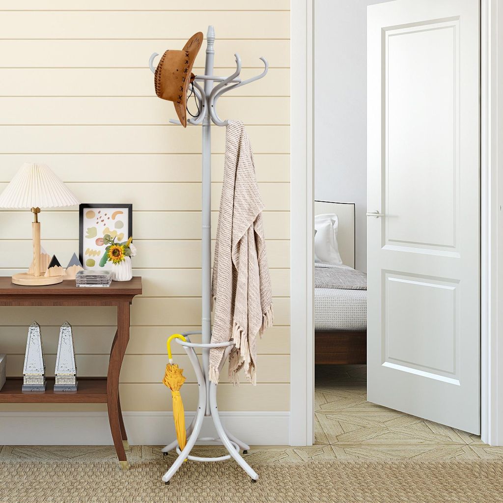 COSTWAY Garderobenständer 184cm, Kleiderständer Holz, Jackenständer mit 12 Kleiderhaken & Schirmhalter, Garderobe Standgarderobe, Grau