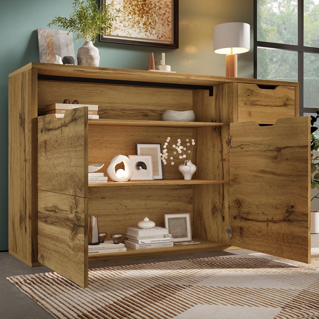 STILVORA Kommode mit 4 Schubladen und 2 Türen und offenem Fach und Stauraum, Sideboard mit höhenverstellbaren Einlegeböden und Softclose und Kip...