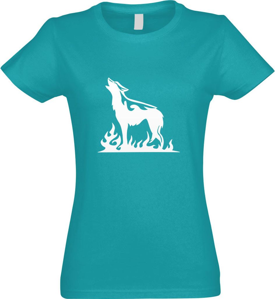 Kiwistar - T-Shirt tailliert - Damen - türkis - Flammenwolf - mit Motiv Bedruckt - Funshirt Design - Sport - Freizeit - Damen - M