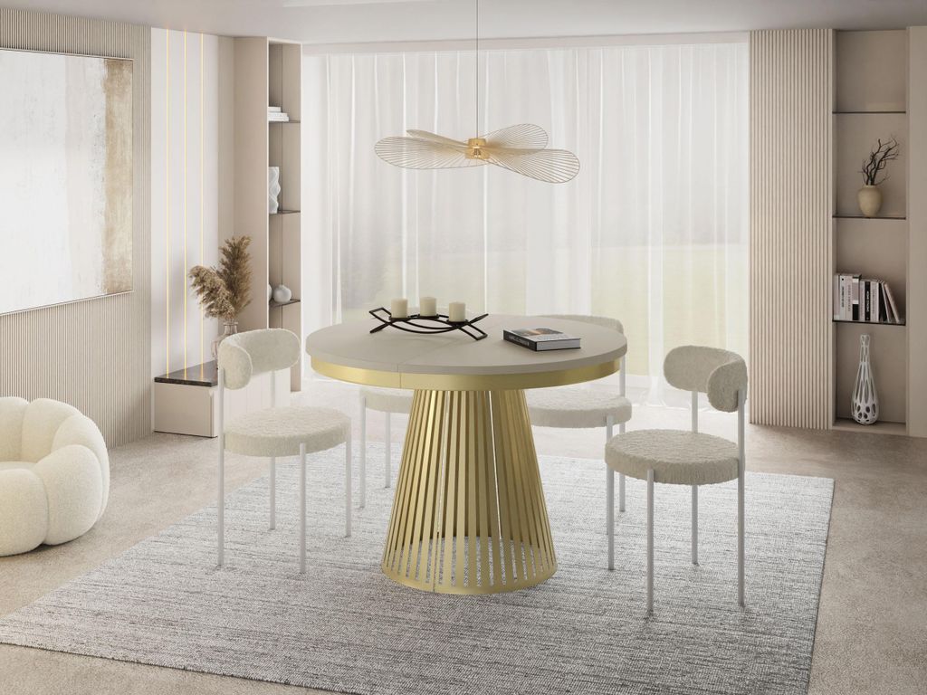 Esstisch Rund Ausziehbar mit Lamellen im Loft-Stil – 100 bis 180 cm – Industrieller Tisch mit Metallbeinen in Gold, Platzsparend für Wohnzimme...