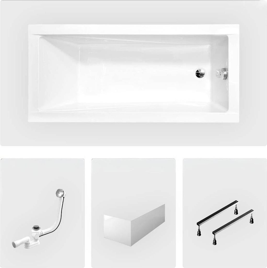 Rechteckige Badewanne - 130 x 70 cm - mit weißer Frontschürze - Füße - Chromablauf - MODERN