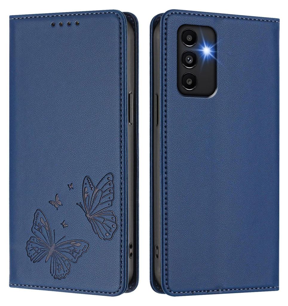 Lederhülle für Samsung Galaxy A13 / A04 / A04S, Schmetterling Prägung Leder Brieftasche Schutzhülle mit Ständer Dunkelblau