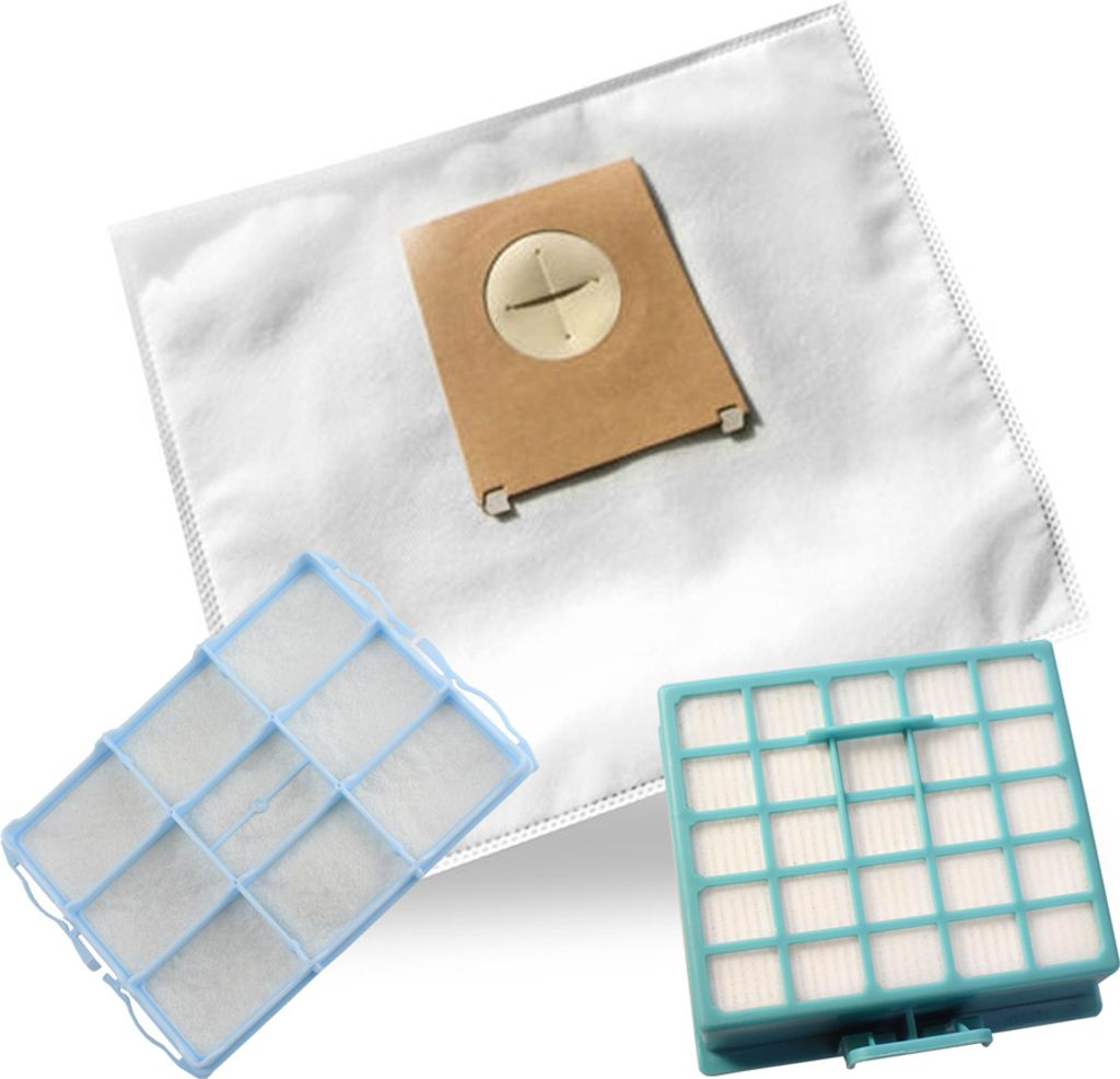 A collection of vacuum cleaner bags and filters arranged on a white background.