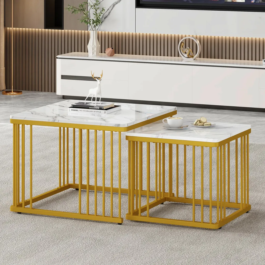 Table basse gigogne stable et élégante pour salon moderne marbre et or
