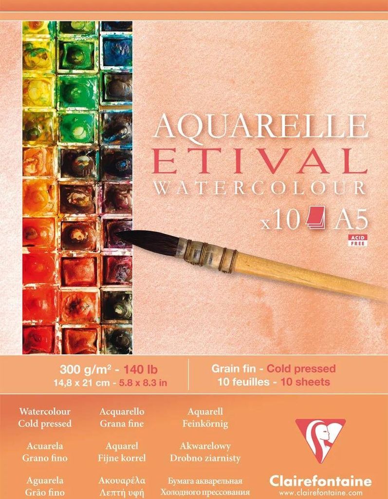 Clairefontaine 5x Etival Aquarellpapier feinkörnig, Block A5 10 Blatt 96304C