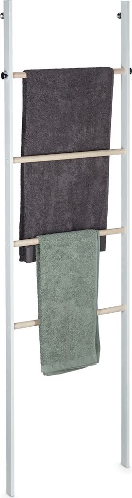Relaxdays Handtuchleiter, Holz & Metall, 4 Sprossen, für Handtücher & Kleidung, zum Anlehnen, HxBxT: 172,5x53x6 cm, weiß