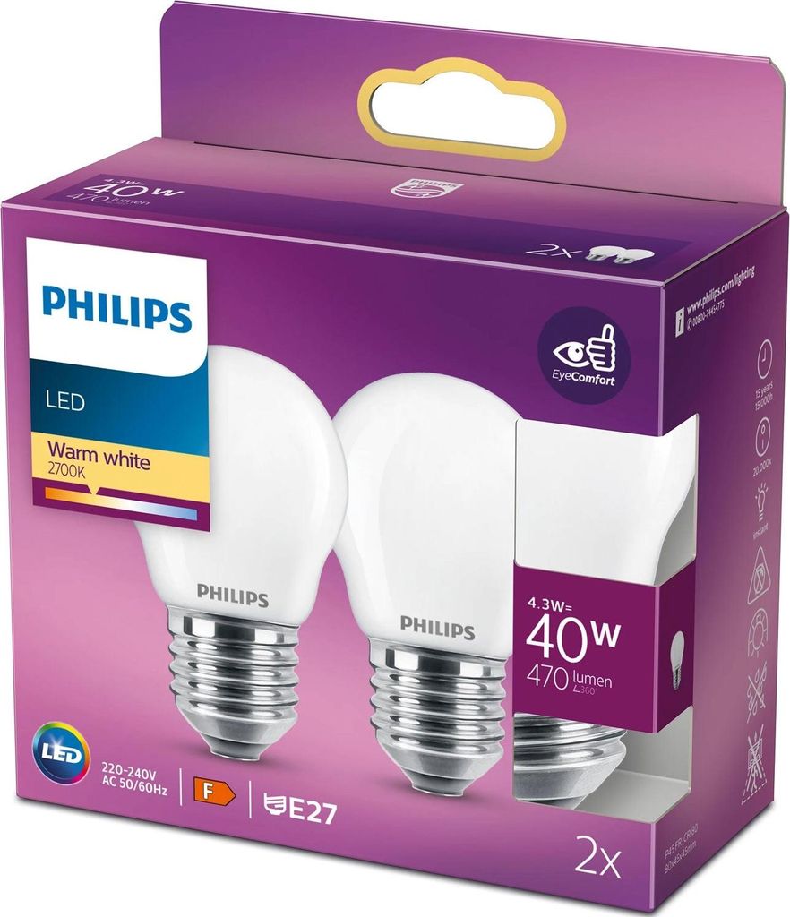 Philips Filament-Kerzenlampe, Milchglas, 40W, P45, E27 x2, Produktbild 