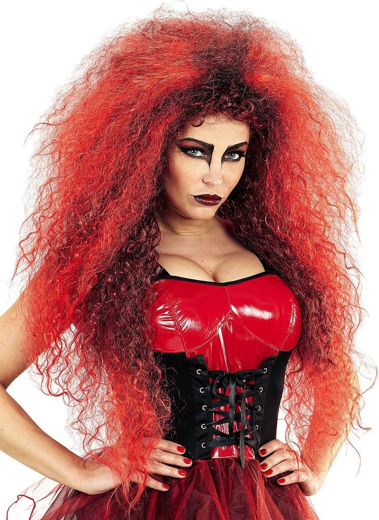 A woman wearing a costume wig and outfit.