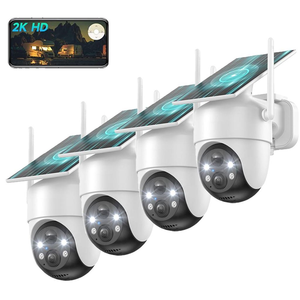 4 Stück Überwachungskamera Aussen Akku Solar-2K Outdoor WLAN Kamera Überwachung Aussen Kabellose Installationsfreie Solarpanel KI-Erkennung 360...