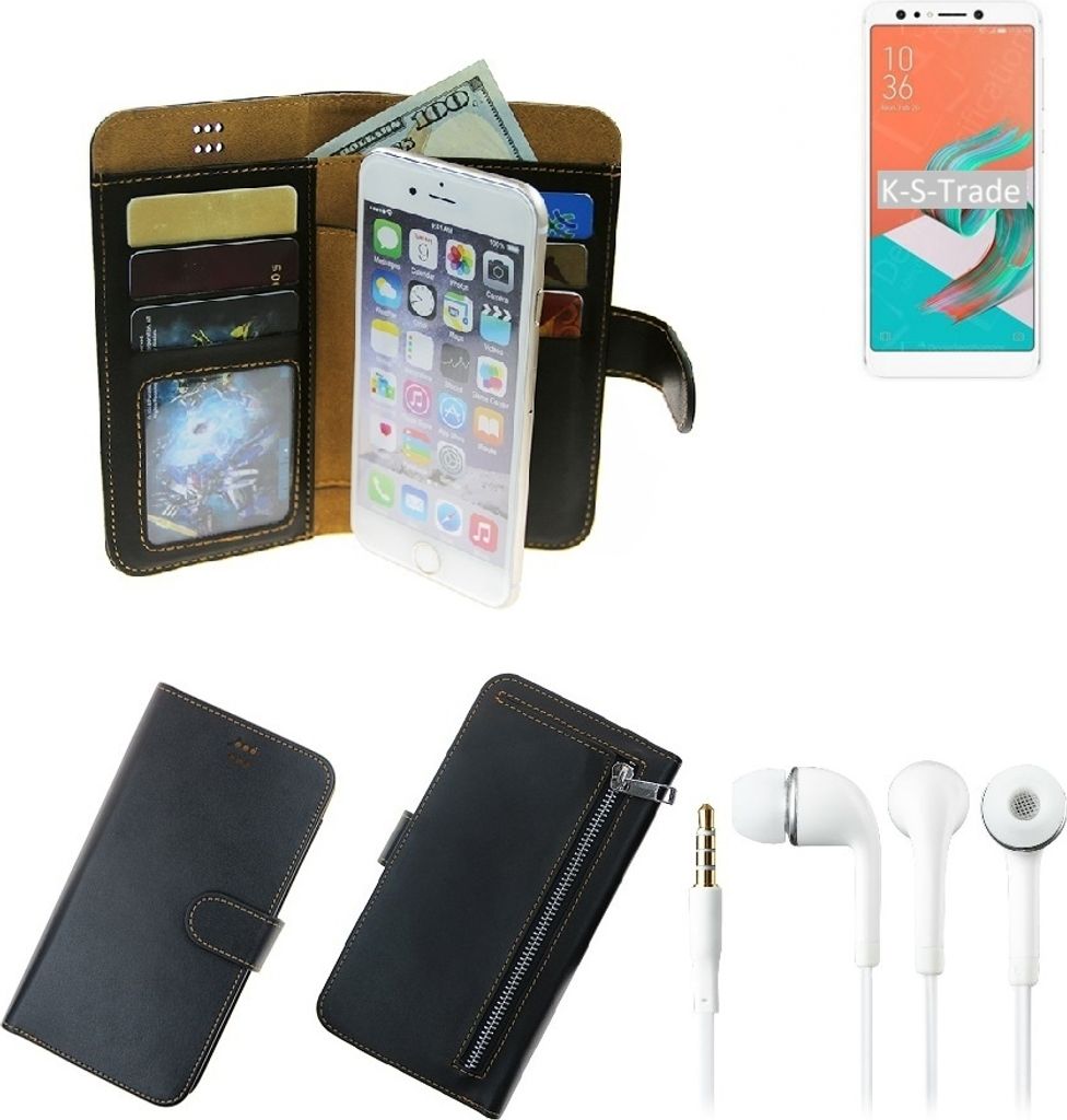 TOP SET Handy Hülle Schutz Hülle kompatibel mit Asus ZenFone 5 Lite SD630 schwarz aus Kunstleder + Kopfhörer Smartphone Tasche vollwertige