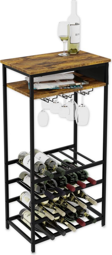A wine rack with bottles and glasses.