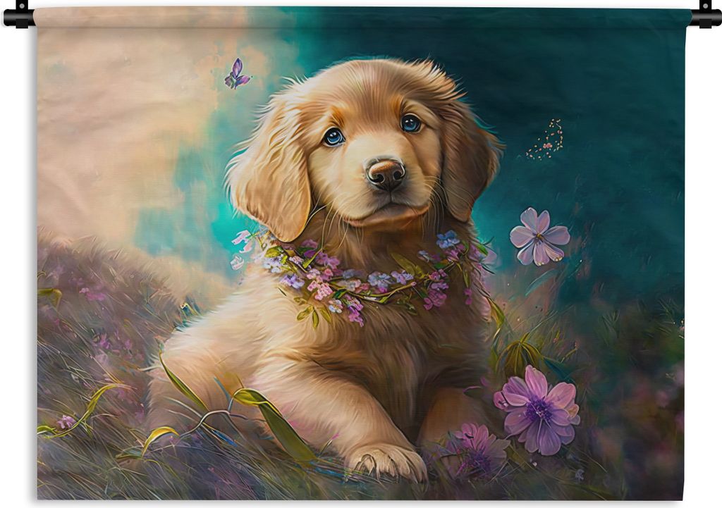 MuchoWow Wandteppich Wandbehang Welpe - Blumenkranz - Schmetterling - Hund - Golden Retriever 60x45 cm Tapisserie Dekoration Wandtuch - Das Schla...