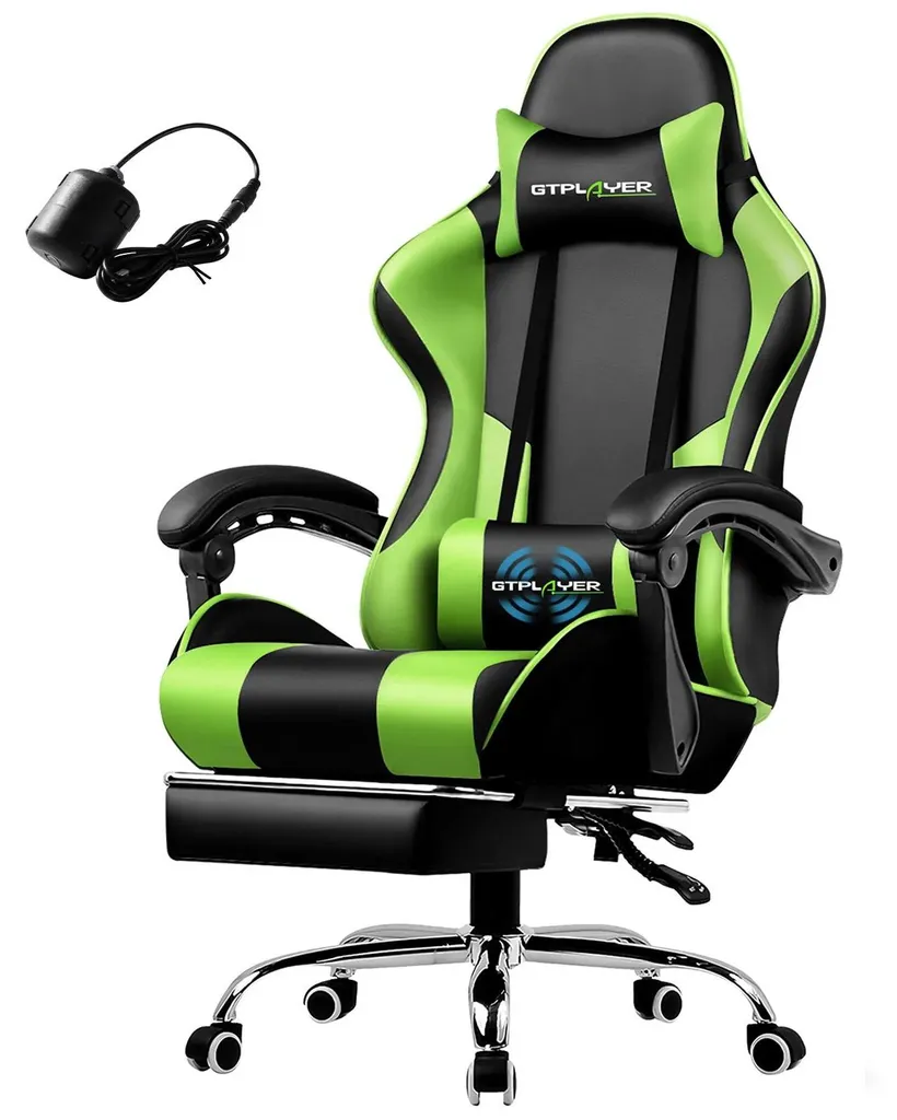 Fauteuil gaming ergonomique avec massage USB et repose-pieds - Cuir Vert