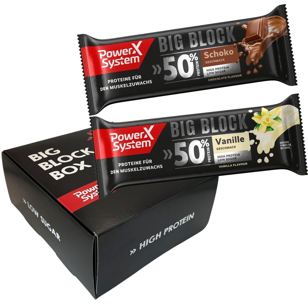 Power System Big Block High Protein Riegel 50g Eiweiß, zuckerarm, Mix Box Vanille, Schoko 12 x 100g Eiweißriegel