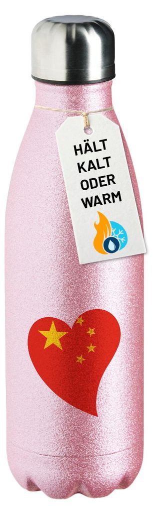 Huuraa Trinkflasche China Flagge Herz 500ml Pink Edelstahl Wasserflasche Trinkflasche Geschenkidee
