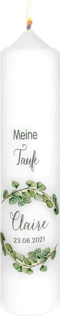 Taufkerze 265 x Ø 60 mm in Weiß "Meine Taufe" mit Eukalyptus und Namensverzierung