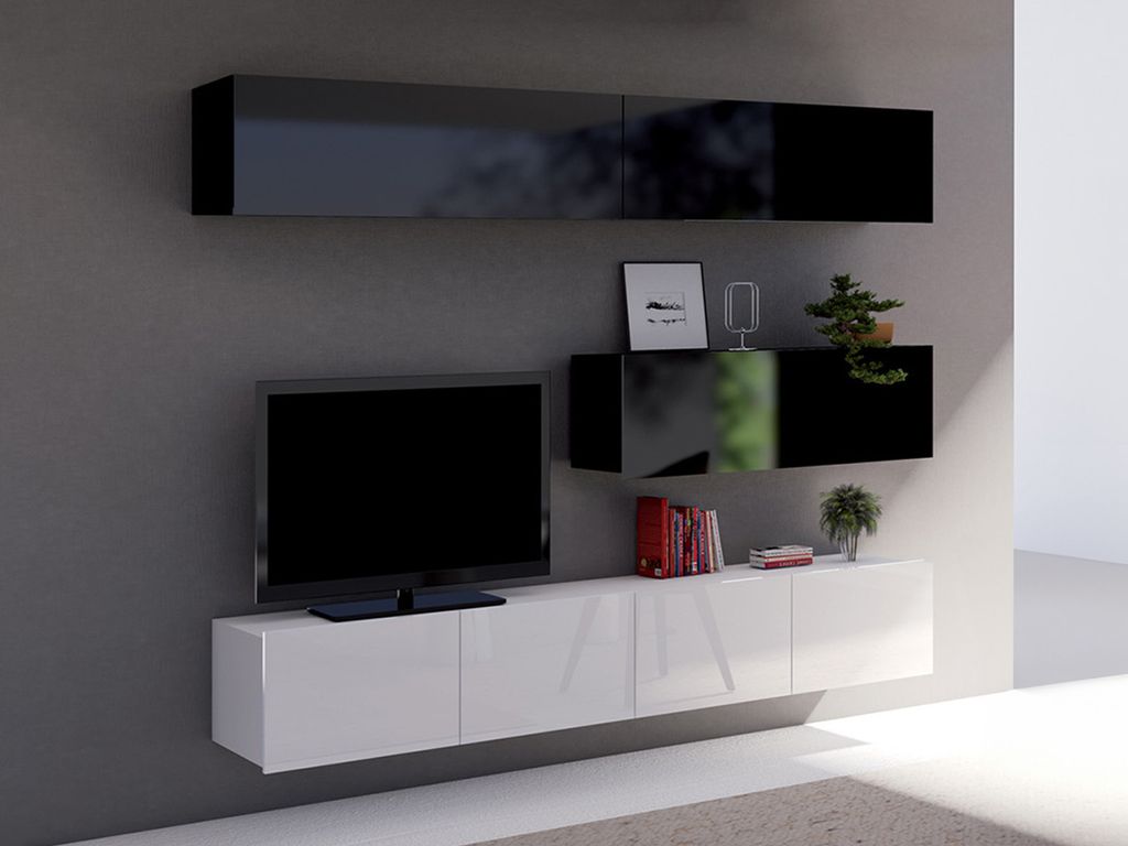 Wohnwand CALABRINI-8 Wohnzimmer-Set Hängewohnwand Schrankwand TV-Schrank Moderne Anbauwand Hochglanz (Schwarz / Weiß)