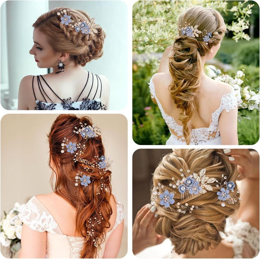 4 Stück Hochzeits-Haaraccessoires, blau mit Perlen und Blumen für Braut, Brautjungfern, Kommunion, Gala und Fest