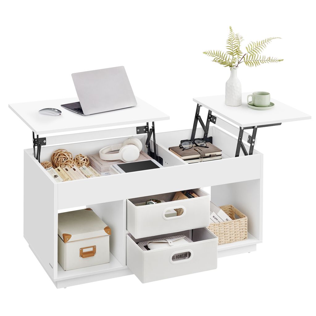 A white lift-top coffee table with storage compartments and drawers, displaying various items like a laptop, headphones, books, and decorative balls.