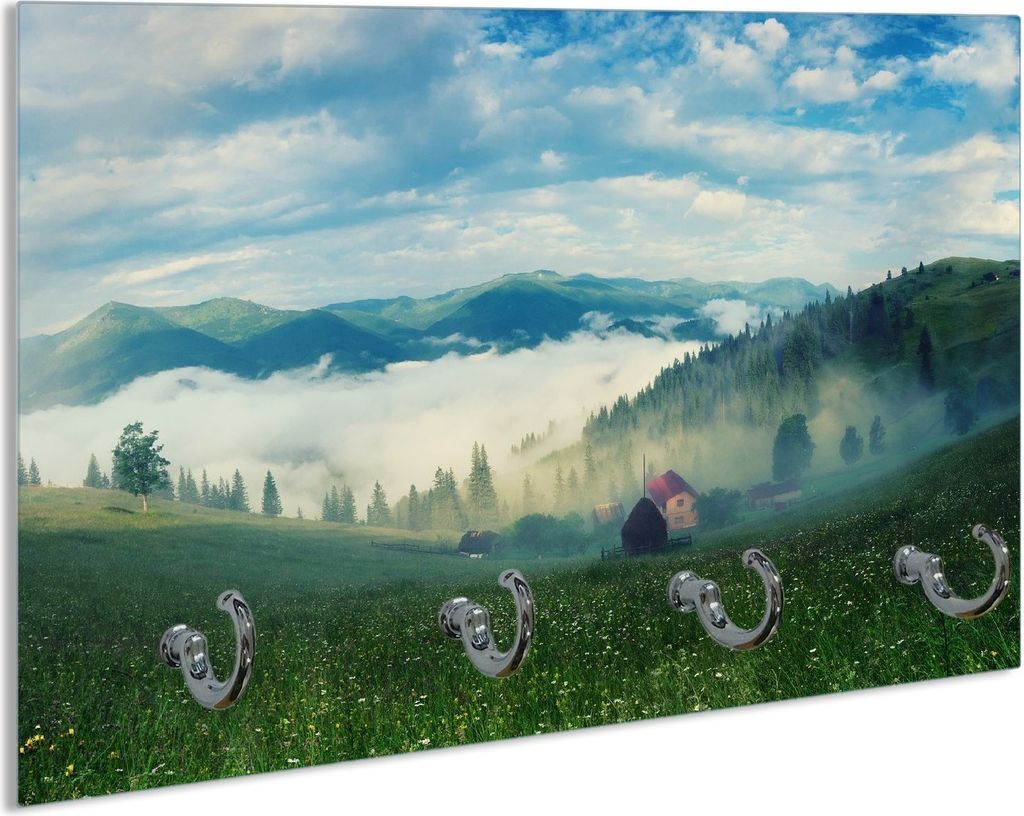 Wallario Schlüsselbrett aus Glas, Motiv: Morgennebel zwischen Berghängen, 30 x 20 cm mit 4 Haken