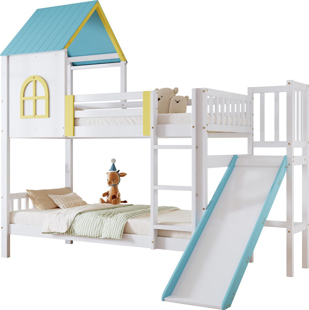 Etagenbett, Hausbett, Kinderbett, Kinderbett mit Dach und Fenster, mit Fallschutz und Gitter, mit dreistufiger Leiter, mit Rutsche,Kiefer+MDF