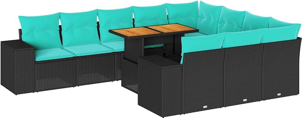 vidaXL 11-tlg. Garten-Sofagarnitur mit Kissen Schwarz Poly Rattan