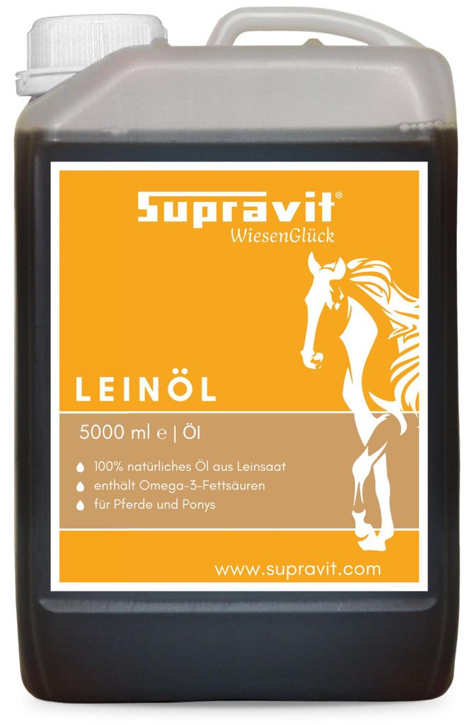 Supravit Leinöl 5 Liter Pferde & Hunde | Frisches Leinsamenöl kaltgepresst | Für glänzendes Fell | Reich an Omega 3 Fettsäuren