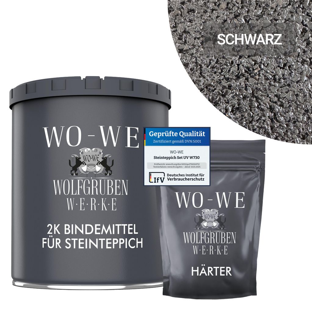 A dark gray can and a dark gray pouch are displayed, with a circular inset showing black gravel. A small blue and white certification badge is also visible.