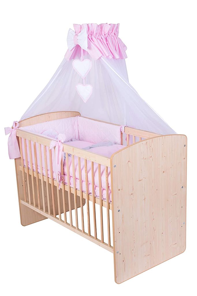Babybett mit 10-tlg Komplett-Set Bettwäsche Matratze umbaubar zum Juniorbett 