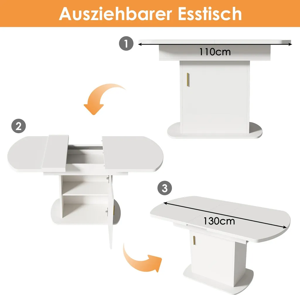 Table ovale extensible 110/130 cm blanc et or style moderne minimaliste - 3