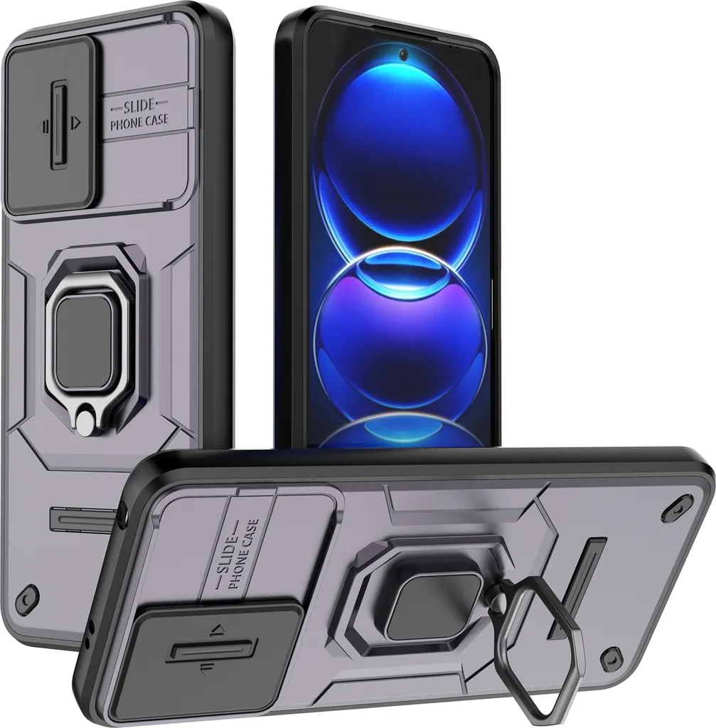 Custodia per Xiaomi Poco X5 /Redmi Note 12 5G a doppio strato con protezione scorrevole della fotocamera e supporto ad anello, supporto Viola