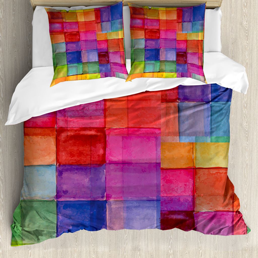 ABAKUHAUS Abstrakt Bettbezug, Regenbogen-Farben-Quadrate, Milbensicher Allergiker geeignet mit Kissenbezügen, 155 cm x 220 cm - 80 x 80 cm, Mehrfa...