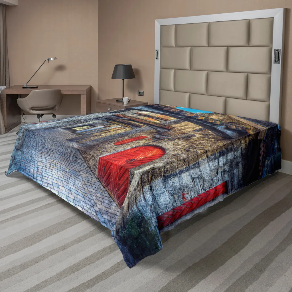 Drap Plat sans Plis Motif Ruelle Médiévale pour Lit Décoratif 205x244
