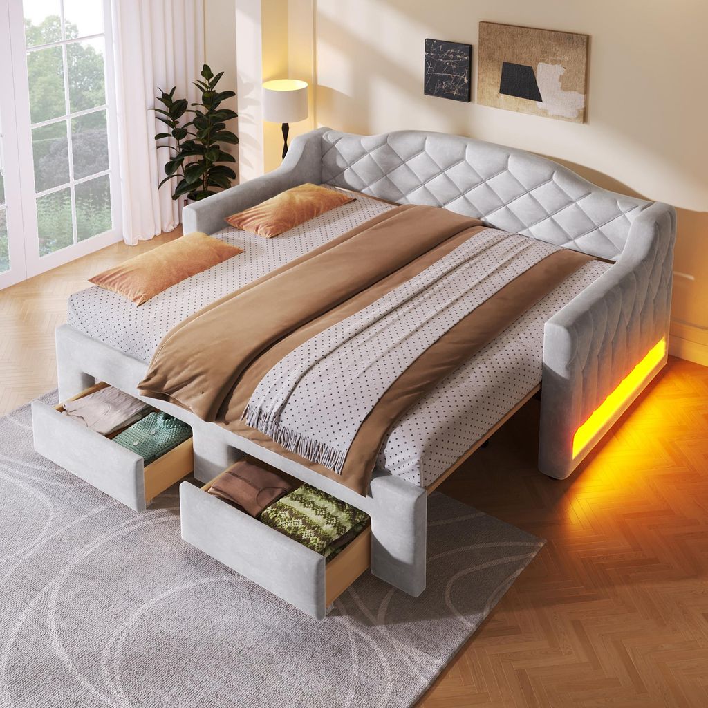 Polster-Tagesbett 90x200 bis 180x200 cm ausziehbar, Samt-Bettgestell mit LED-Beleuchtung & 2 Schubladen, Schlafsofa mit Lattenrost, Grau, Belastbar...
