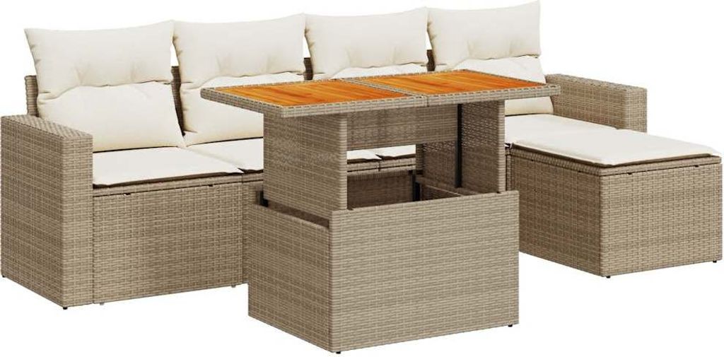 "2026 MODERNE" 6-tlg. Garten-Sofagarnitur/Garten-Essgruppe - Lounge-Set - Balkonmöbel Set - mit Kissen Beige Poly Rattan - Gartenmöbelset CC2450364