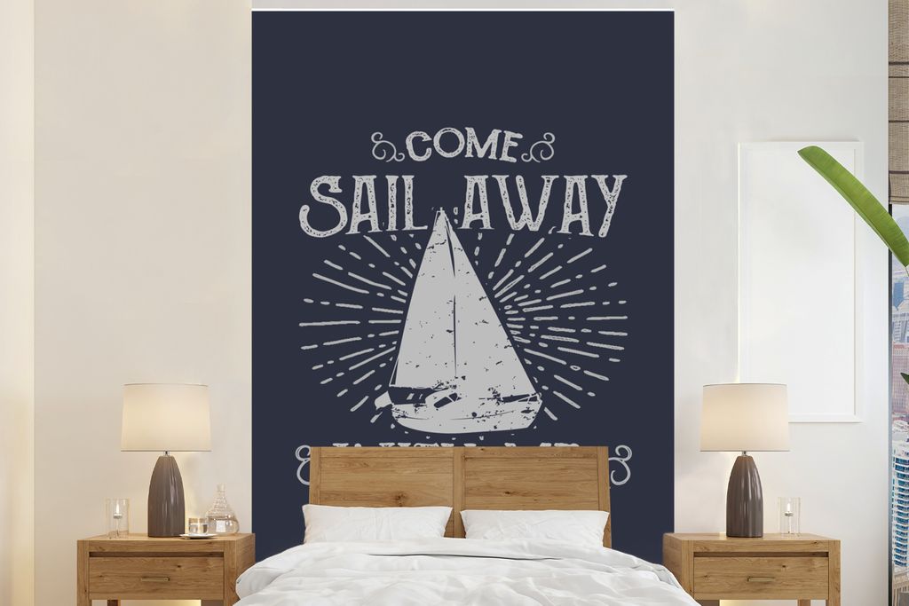 MuchoWow Fototapete für Wohnzimmer oder Schlafzimmer Wandtapete Vinyl Motivtapete Jahrgang - Segeln - Boot - 160x240 cm - Vinyltapete