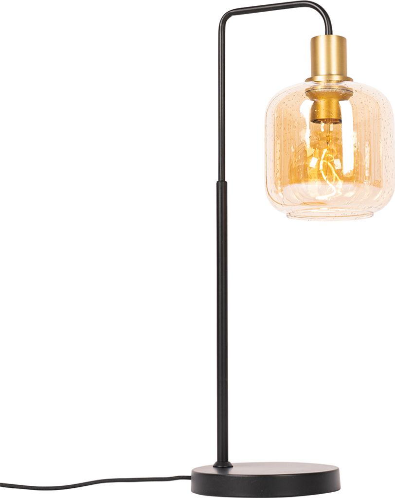 QAZQA - Design Design-Tischleuchte I Tischlampe I Lampe I Leuchte schwarz mit Messing und bernsteinfarbenem Glas - Zuzanna I Wohnzimmer I Schlafzim...