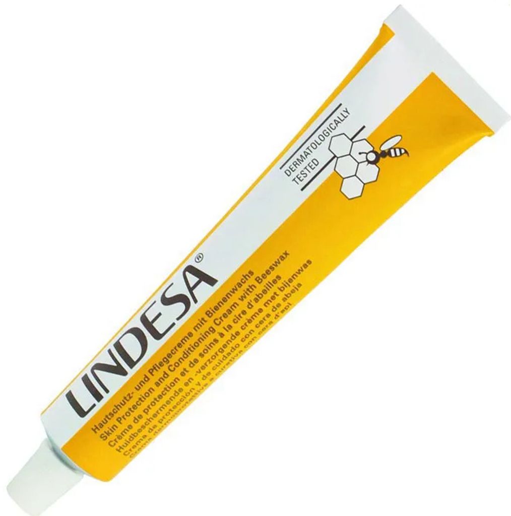 A tube of Lindesa skin protection and conditioning cream with beeswax is shown diagonally against a white background.