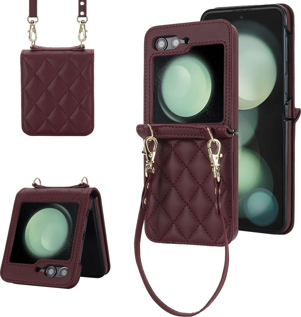 Für Samsung Galaxy Z Flip5 Kunstleder Handy Tasche + langem & kurzem Umhängeband