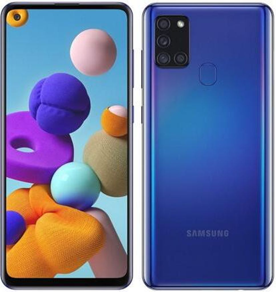 A product shot of a Samsung Galaxy A21s smartphone, showing both the front and back views.