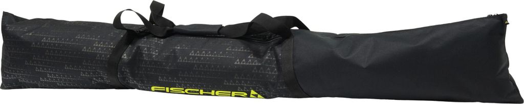 A black ski bag with a patterned design and yellow text.